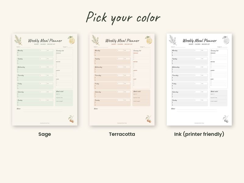 The Budget Meal Planner in three colors: Sage, Terracotta and Ink (black & white)