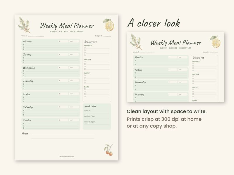 Close-up of the Budget Meal Planner layout, with space to write by hand