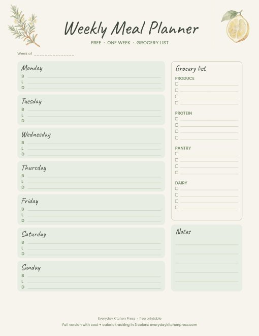 The free weekly meal planner sheet: 7 days of breakfast, lunch and dinner lines, a 4-section grocery list and notes