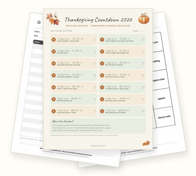 Free Thanksgiving Starter Pack: the Thanksgiving countdown checklist on top of the potluck sign-up sheet and a bingo card