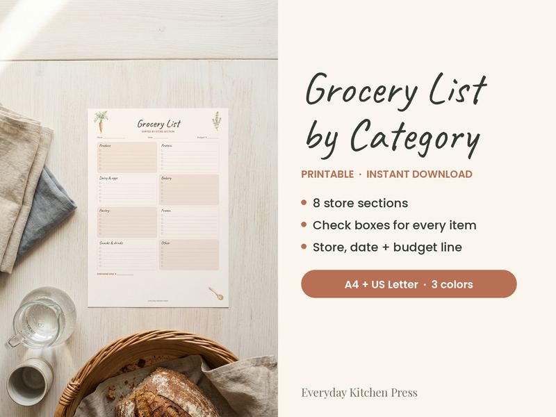 Grocery List by Category printable on a kitchen table