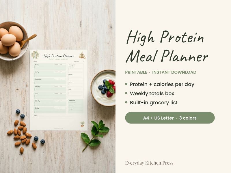 High Protein Meal Planner printable on a kitchen table