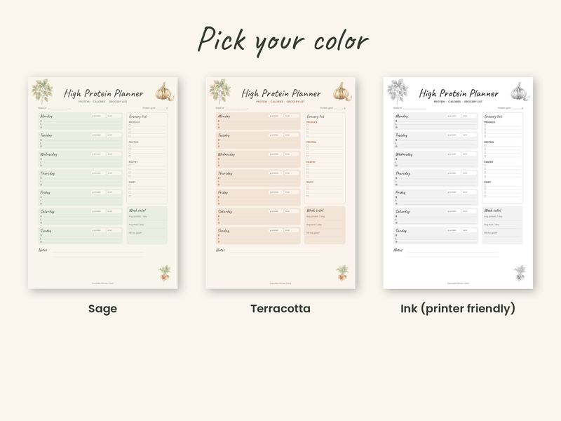 The High Protein Meal Planner in three colors: Sage, Terracotta and Ink (black & white)