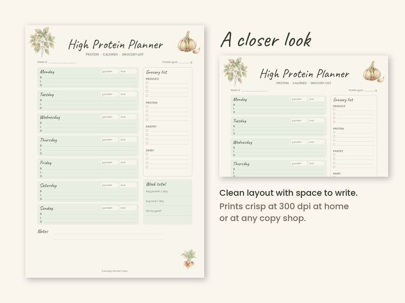 Close-up of the High Protein Meal Planner layout, with space to write by hand