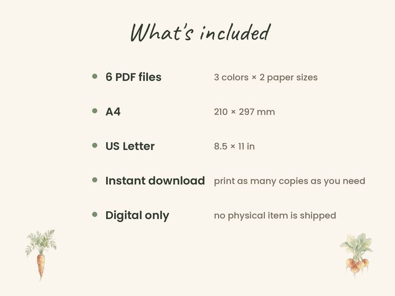 What's included: 6 PDF files in A4 and US Letter, instant download, digital only